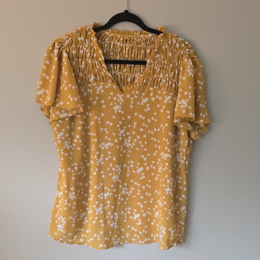 Smocked Yoke Yellow Printed Flutter Sleeve Blouse